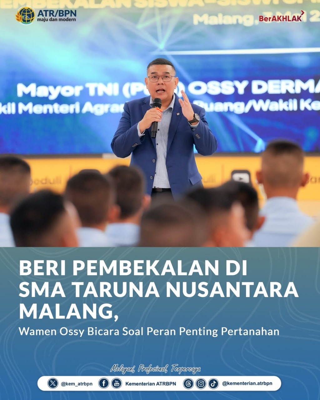 Beri Pembekalan di SMA Taruna Nusantara Malang, Wamen Ossy Bicara Soal Peran Penting Pertanahan