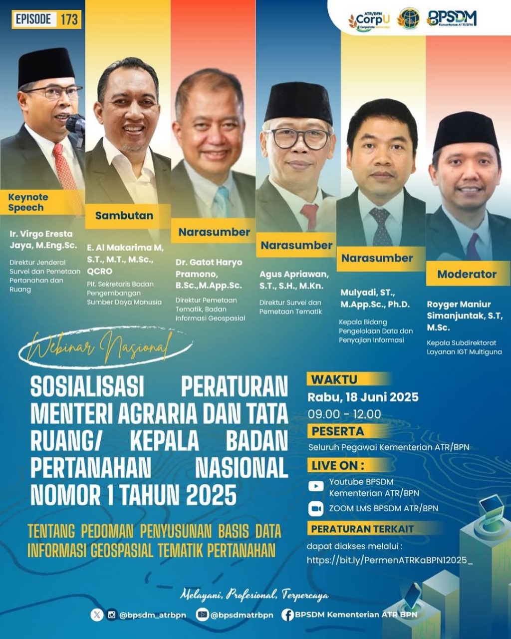 WEBINAR NASIONAL Sosialisasi Peraturan Menteri Agraria dan Tata Ruang/Kepala Badan Pertanahan Nasional Nomor 1 Tahun 2025 Tentang Pedoman Penyusunan Basis Data Informasi Geospasial Tematik Pertanahan
