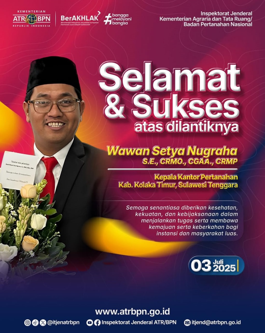 Kami ucapkan selamat kepada Bapak Wawan Setya Nugraha, S.E., CRMO., CGAA., CRMP selaku Kepala Kantor Pertanahan Kabupaten Kolaka Timur, Provinsi Sulawesi Tenggara