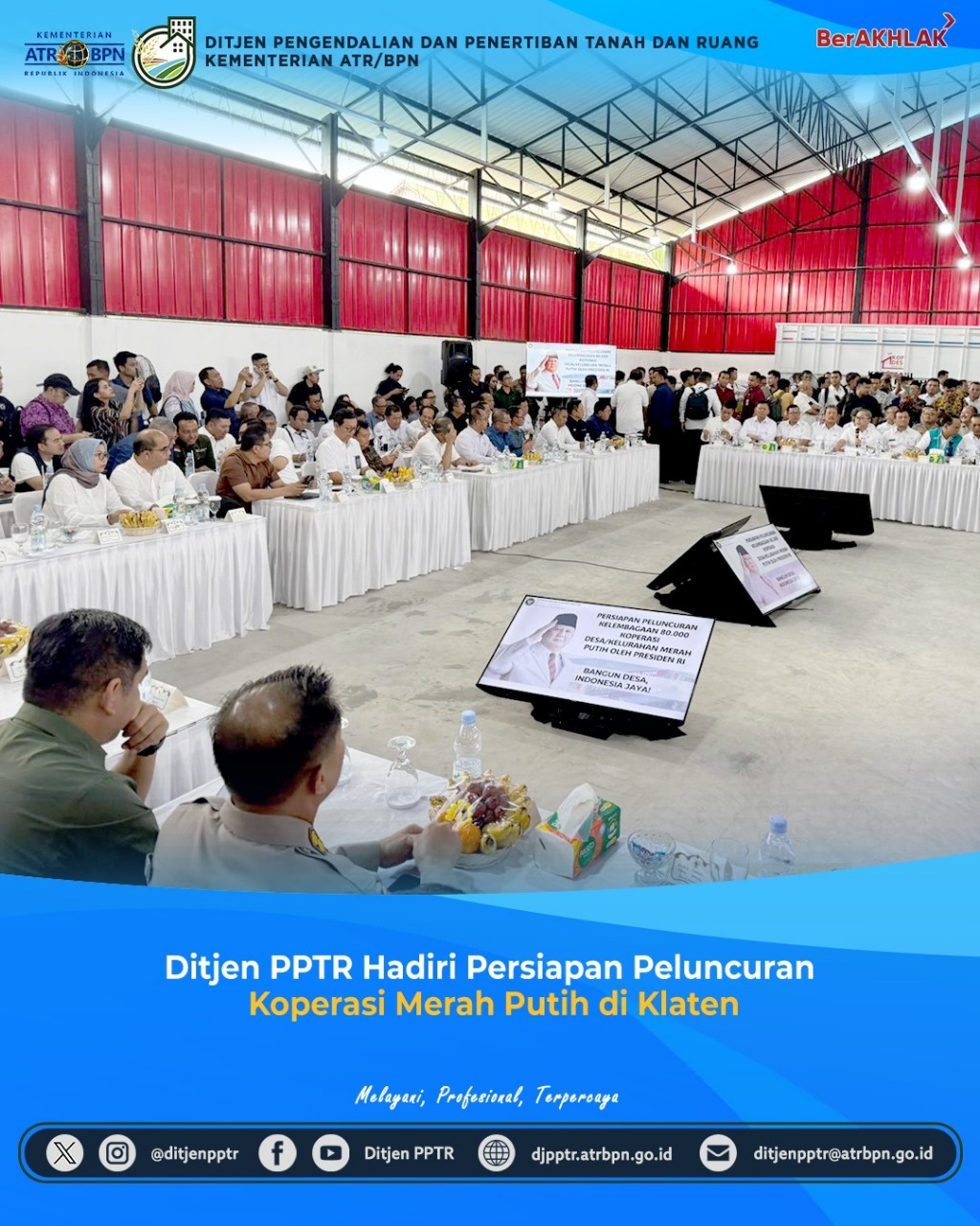 Direktur Jenderal Pengendalian dan Penertiban Tanah dan Ruang (Dirjen PPTR) Kementerian ATR/BPN, Jonahar, menghadiri rapat persiapan peluncuran Koperasi Desa/Kelurahan Merah Putih di Desa Bentangan, Kecamatan Wonosari, Klaten, Jawa Tengah