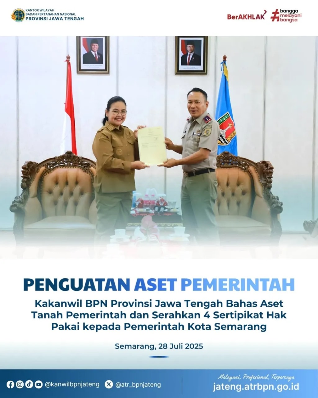 Penguatan Aser Pemerintah Kakanwil BPN provinsi Jawa Tengah Bahas Aset Tanah Pemerintah dan Serahkan 4 Sertipikat Hak Pakai Kepada Pemerintah Kota Semarang