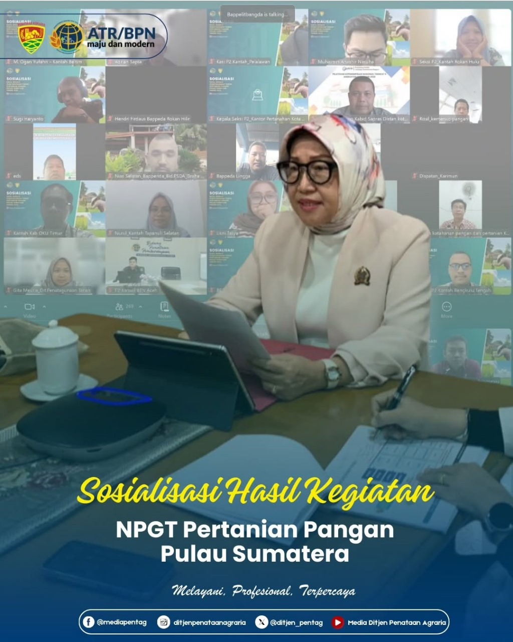 Direktorat Jenderal Penataan Agraria yang dalam hal ini diwakili oleh Direktorat Penatagunaan Tanah Kementerian ATR/BPN melaksanakan Sosialisasi Hasil Kegiatan NPGT Pertanian Pangan Pulau Sumatera