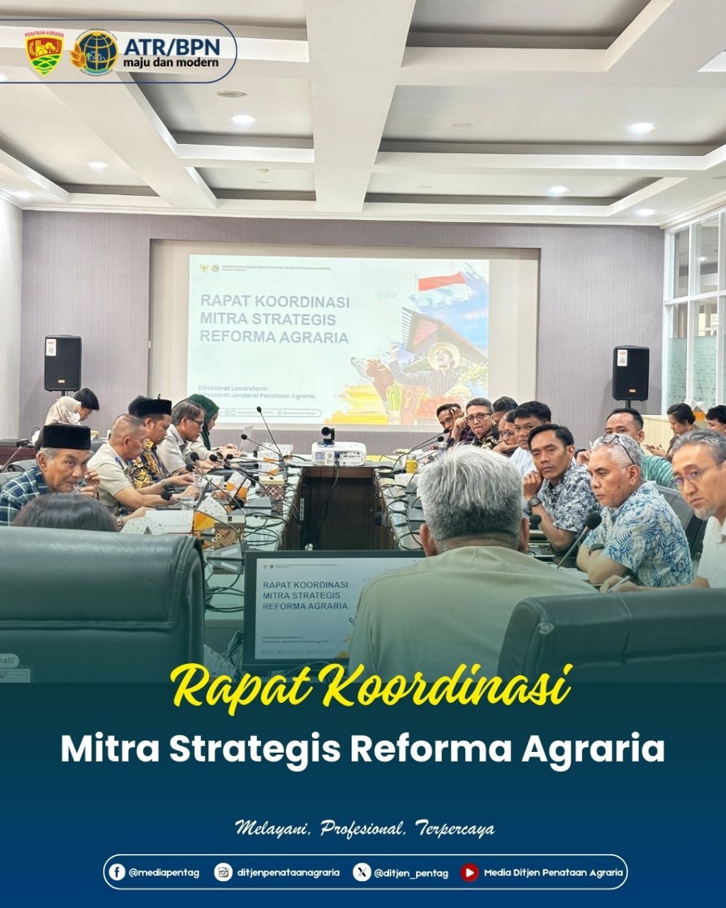Direktorat Jenderal Penataan Agraria dalam hal ini diwakili oleh Staf Khusus Menteri Bidang Reforma Agraria, Direktur Landreform, dan didampingi oleh para Kepala Subdirektorat beserta Pejabat Fungsional Madya melaksanakan Rapat Koordinasi Mitra Strategis Reforma Agraria
