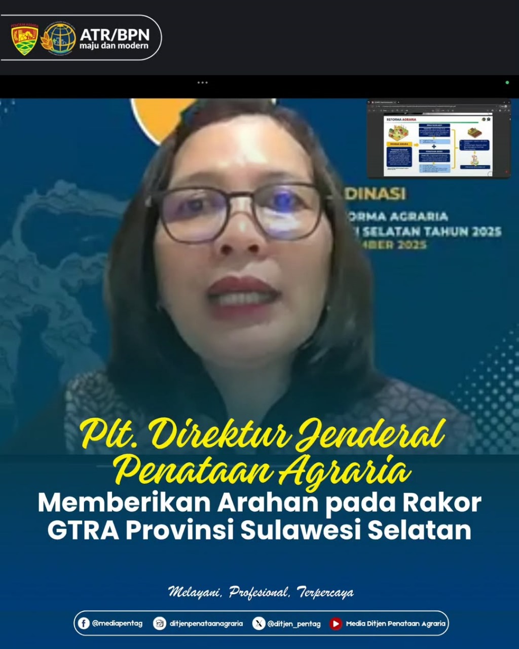 Plt. Direktur Jenderal Penataan Agraria, Embun Sari memberikan arahan secara daring pada Rapat Koordinasi (Rakor) Awal Gugus Tugas Reforma Agraria (GTRA) Provinsi Sulawesi Selatan