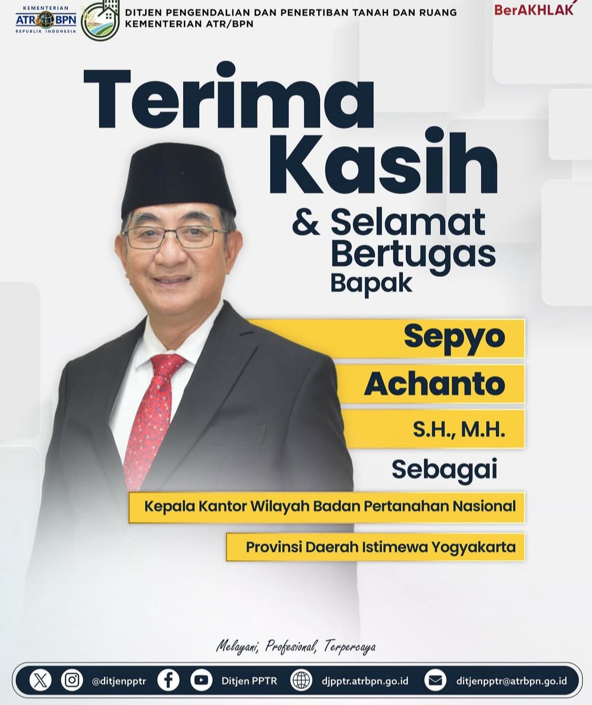 Sepyo Achanto, S.H., M.H Resmi dilantik sebagai Kepala Kantor Wilayah Badan Pertanahan Nasional Provinsi Daerah Istimewa Yogyakarta