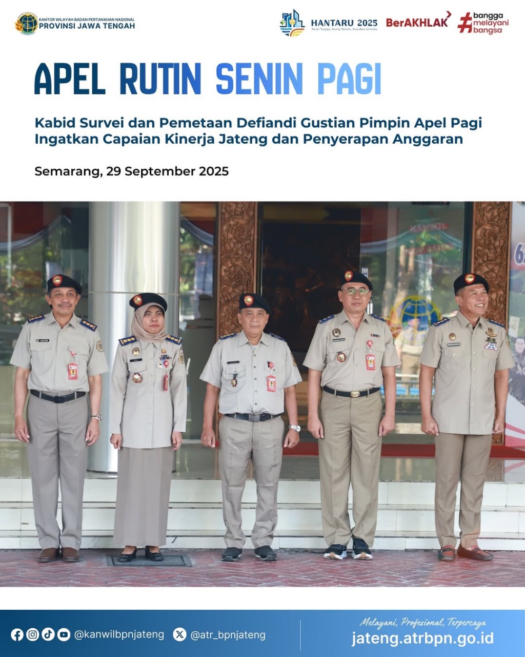 Apel Rutin Senin Pagi, Kabid Survei dan Pemetaan Defiandi Gustian pimpin Apel pagi ingatkan Capaian Kinerja Jateng dan Penyerapan Anggaran
