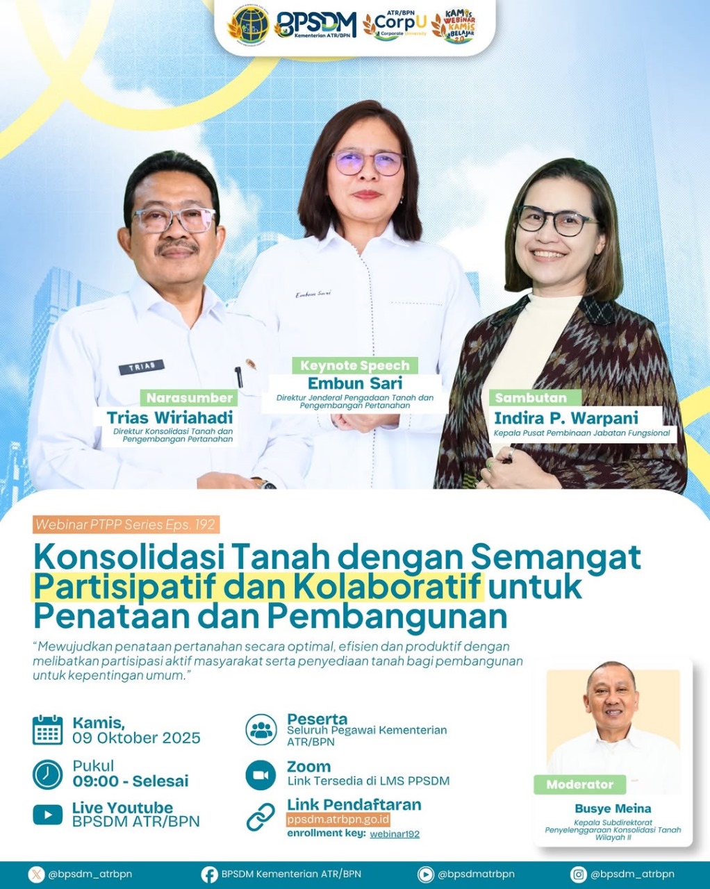 BPSDM Kementerian ATR/BPN Gelar Webinar PTPP Series: Wujudkan Konsolidasi Tanah yang Partisipatif dan Kolaboratif