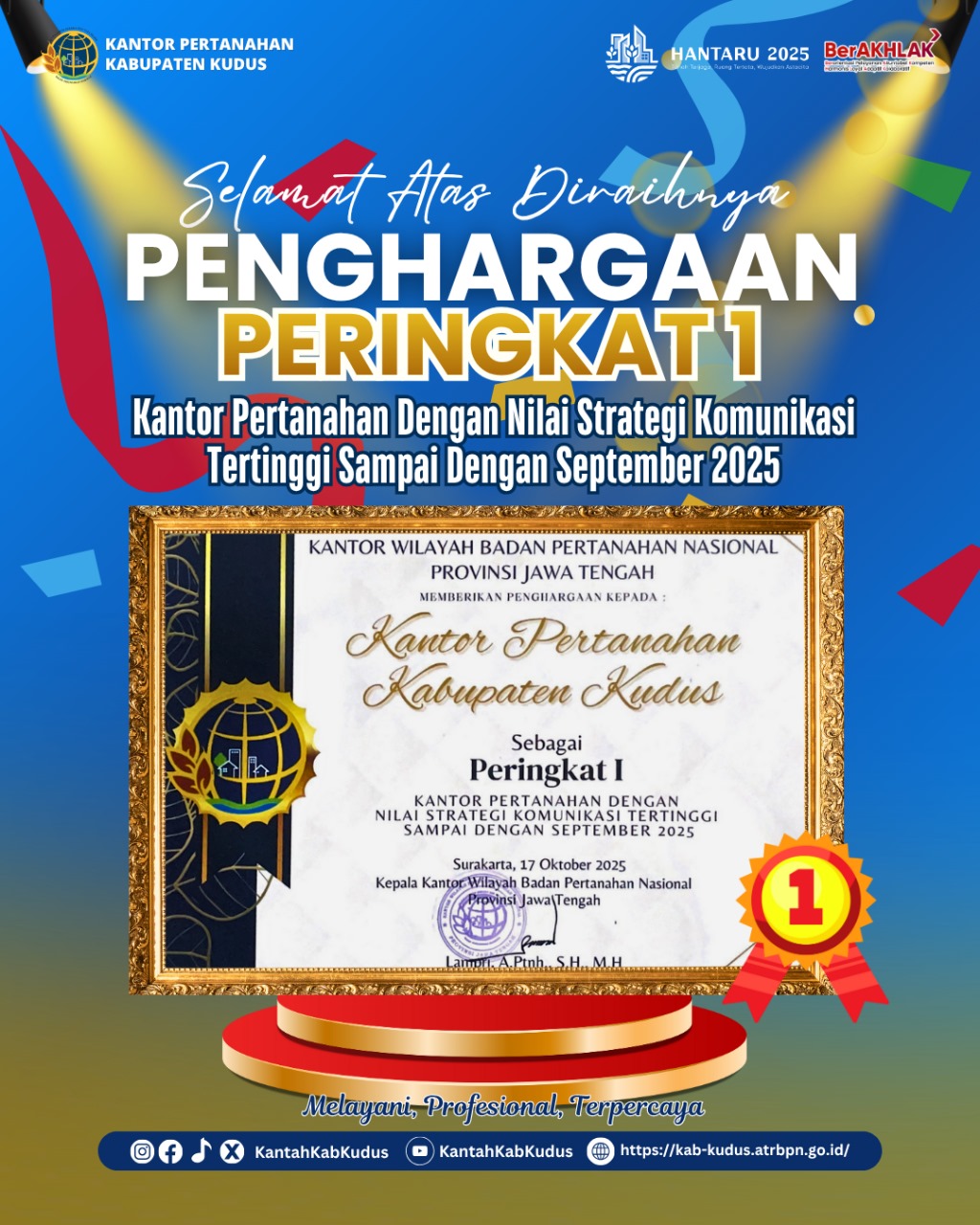 Kantor Pertanahan Kabupaten Kudus kembali Menorehkan Prestasi Membanggakan