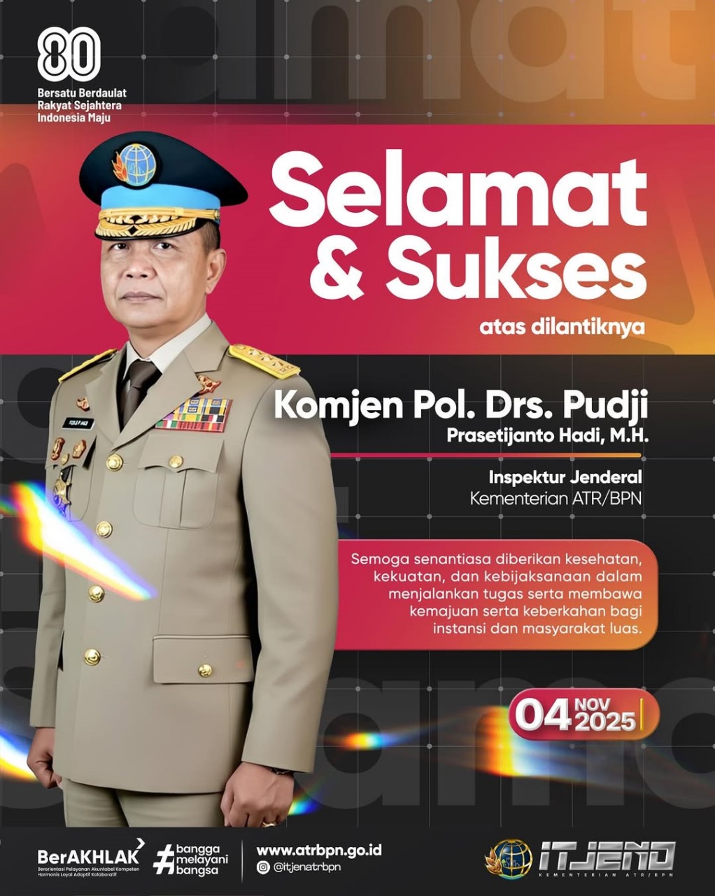 Pudji Prasetijanto Hadi Resmi Dilantik Sebagai Inspektur Jenderal Kementerian ATR/BPN, Perkuat Komitmen Integritas dan Akuntabilitas