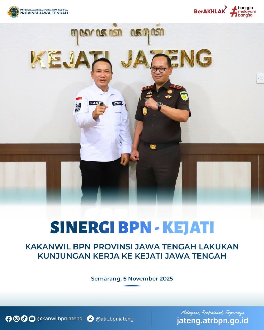 Kakanwil BPN Provinsi Jawa Tengah, Lampri Melakukan Kunjungan Kerja ke Kejaksaan Tinggi Jawa Tengah dalam Rangka Memperkuat Koordinasi dan Sinergi Antar Lembaga
