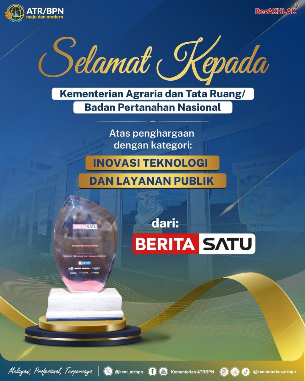 Kementerian ATR/BPN Raih Penghargaan Inovasi Teknologi dan Layanan Publik pada Malam Apresiasi BeritaSatu 2025