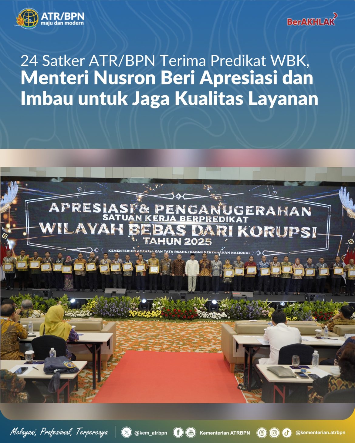 24 Satker ATR/BPN Terima Predikat WBK, Menteri Nusron Beri Apresiasi dan Imbau untuk Jaga Kualitas Layanan