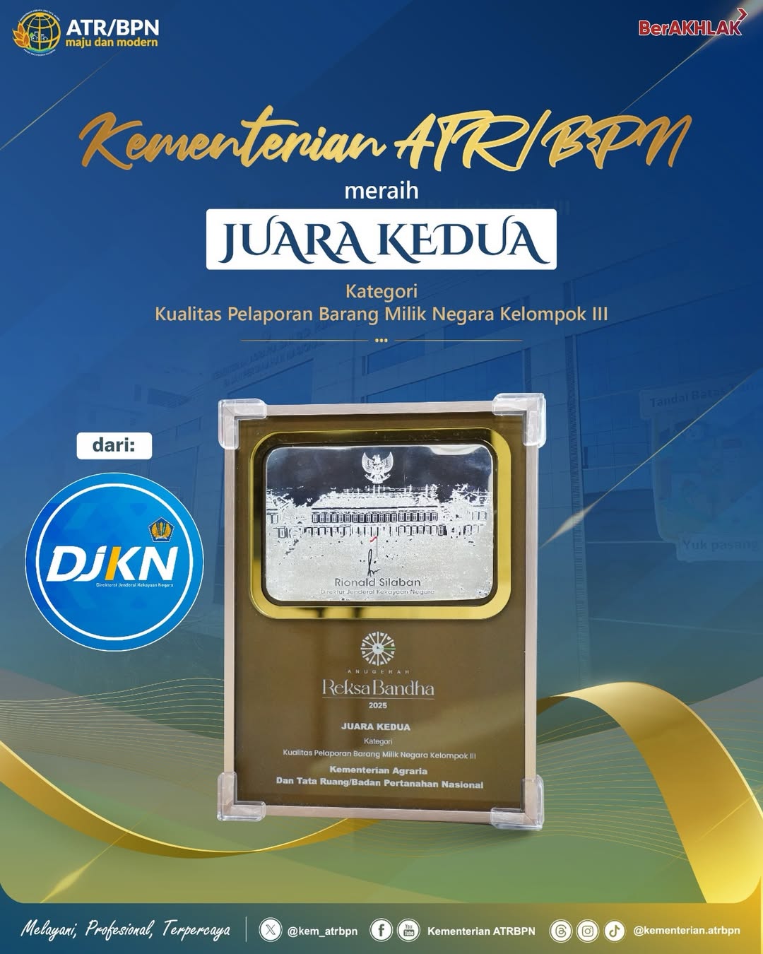 Kementerian ATR/BPN Raih Juara Kedua Anugerah Reksa Bandha 2025 dari DJKN