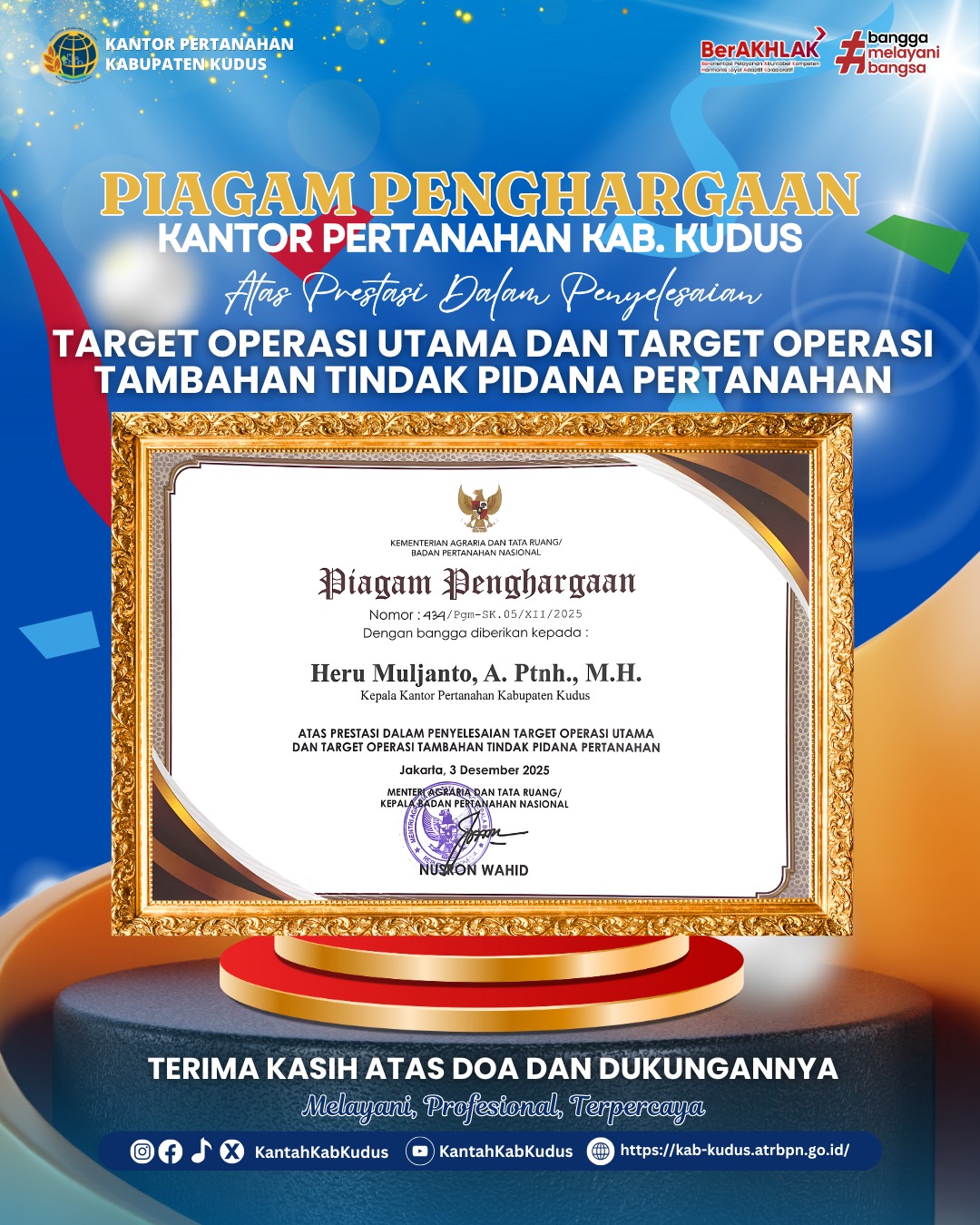 Kantor Pertanahan Kabupaten Kudus Raih Piagam Penghargaan atas Prestasi Penyelesaian Target Operasi Tindak Pidana Pertanahan