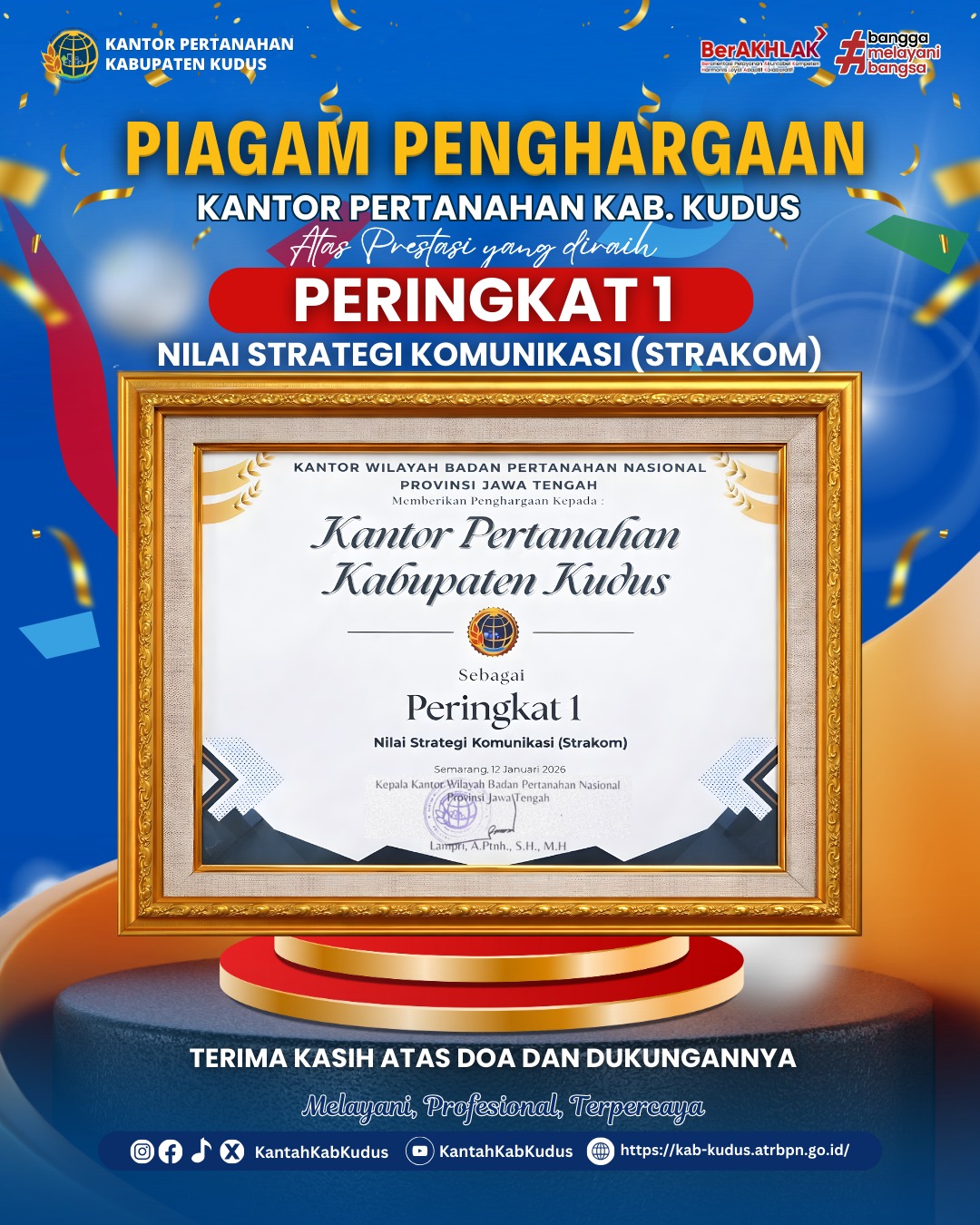 Kantor Pertanahan Kabupaten Kudus Raih Peringkat I Nilai Strategi Komunikasi Tahun 2025
