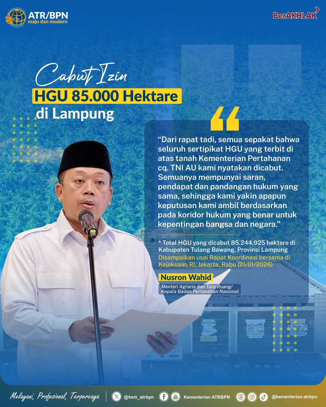 Kementerian ATR/BPN Cabut Izin HGU Seluas Lebih dari 85 Ribu Hektare di Lampung