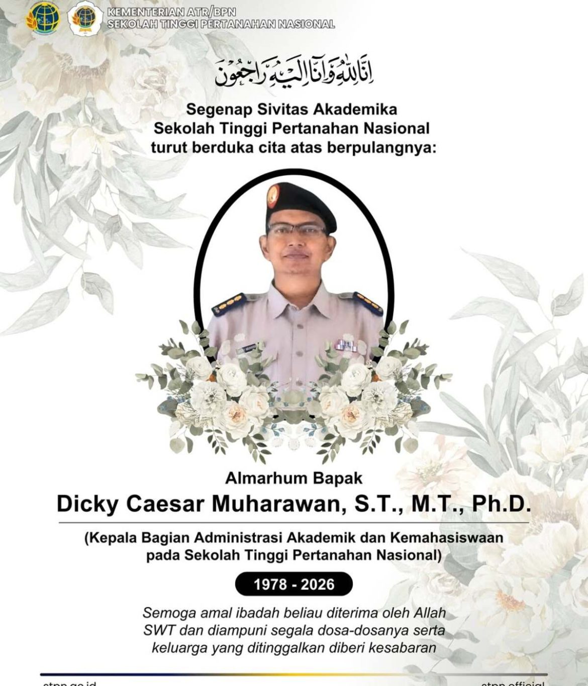 Sivitas Akademika STPN Sampaikan Duka Cita atas Wafatnya Kepala Bagian Administrasi Akademik dan Kemahasiswaan