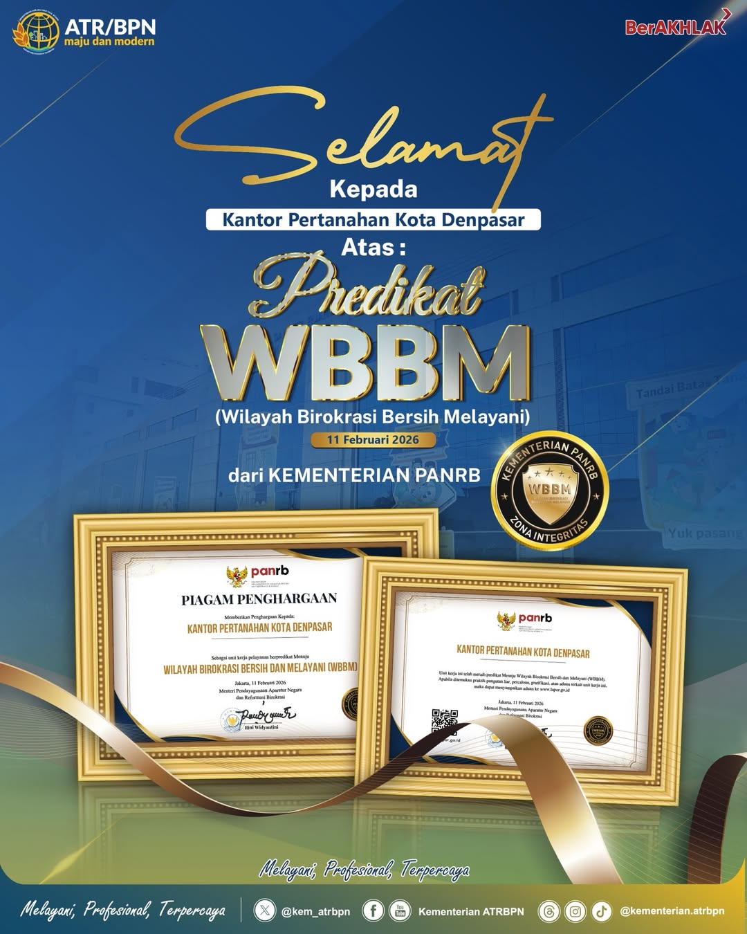 Kantor Pertanahan Kota Denpasar Raih Predikat WBBM dari Kementerian PANRB