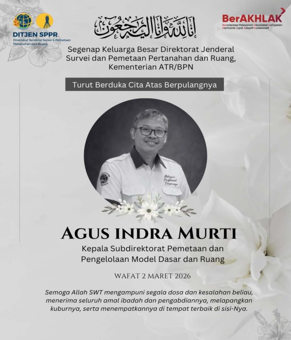 Ditjen Survei dan Pemetaan ATR/BPN Sampaikan Duka Cita atas Wafatnya Kepala Subdirektorat Pemetaan dan Pengelolaan Model Dasar dan Ruang